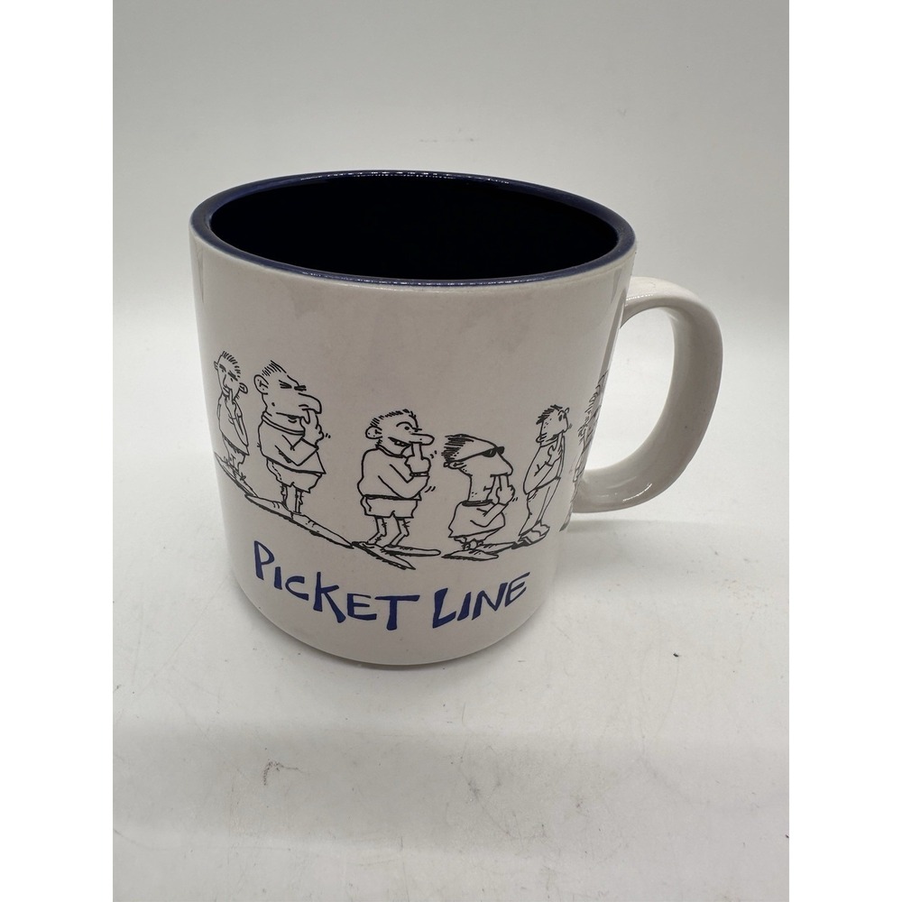 Picket Line Cartoon Mug Blue Interior Funny Coffee Cup Union Strike Humor Papel‎